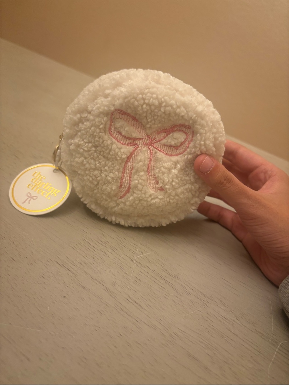 Cream Sherpa Coin Pouch with Pink Bow NWT